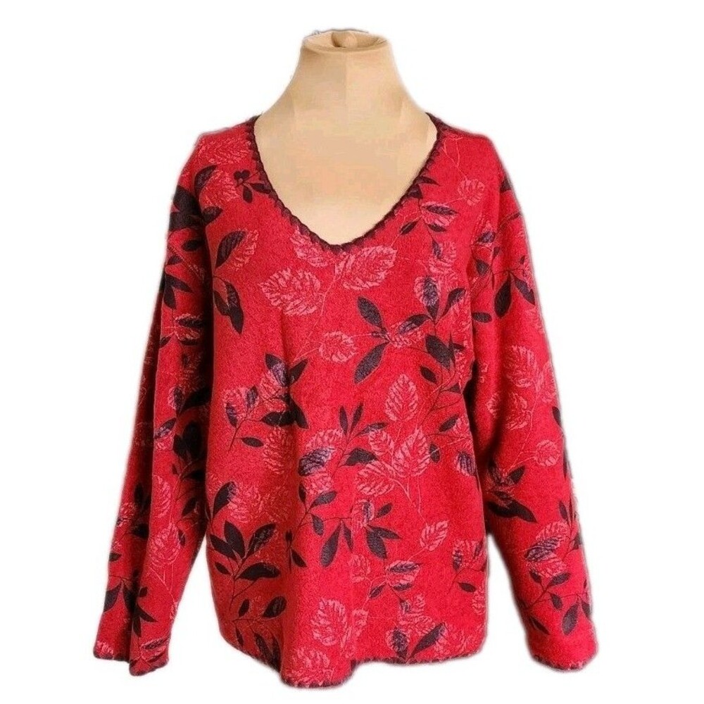 Coldwater Creek Red & Black Leaf‎ Print Cozy Fleece V-Neck Top Women's Large